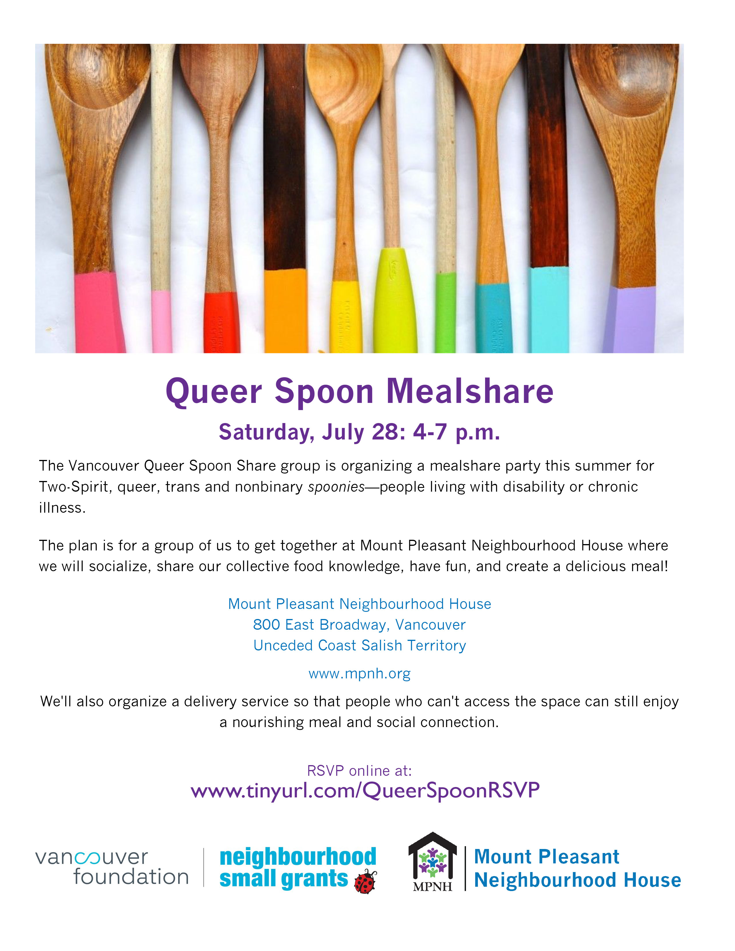 This image shows a poster with the same text included in this calendar event posting, and a picture of wooden spoons of varying styles and rainbow coloured handles
