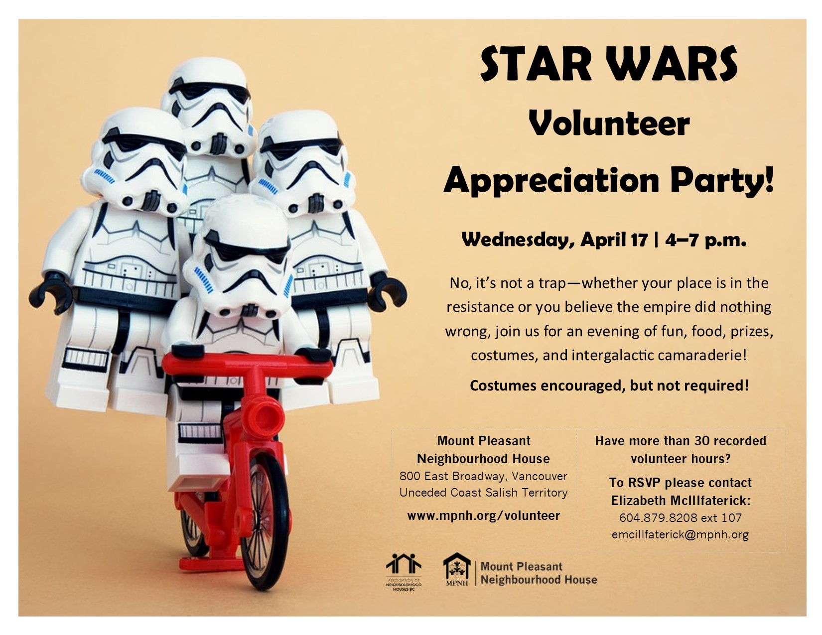 A poster with an image of four Lego Storm Troopers on a bicycle.