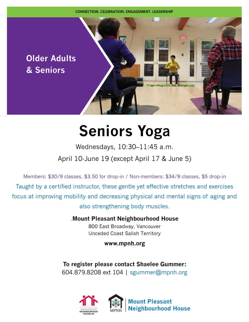 A poster showing seniors doing yoga while seated on chairs.