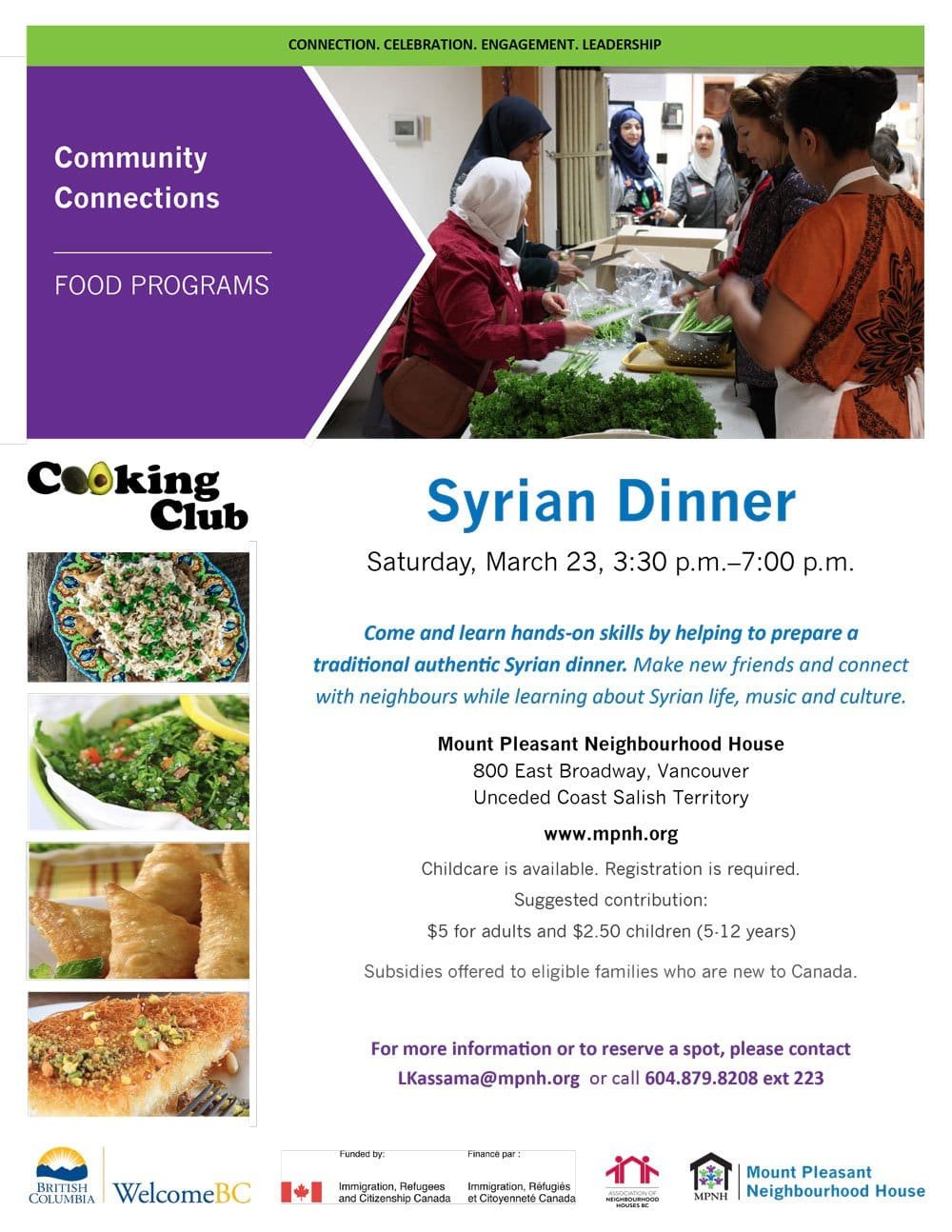 An image of the poster for this event, featuring a picture of people cooking together, and photos of Syrian food items on the menu