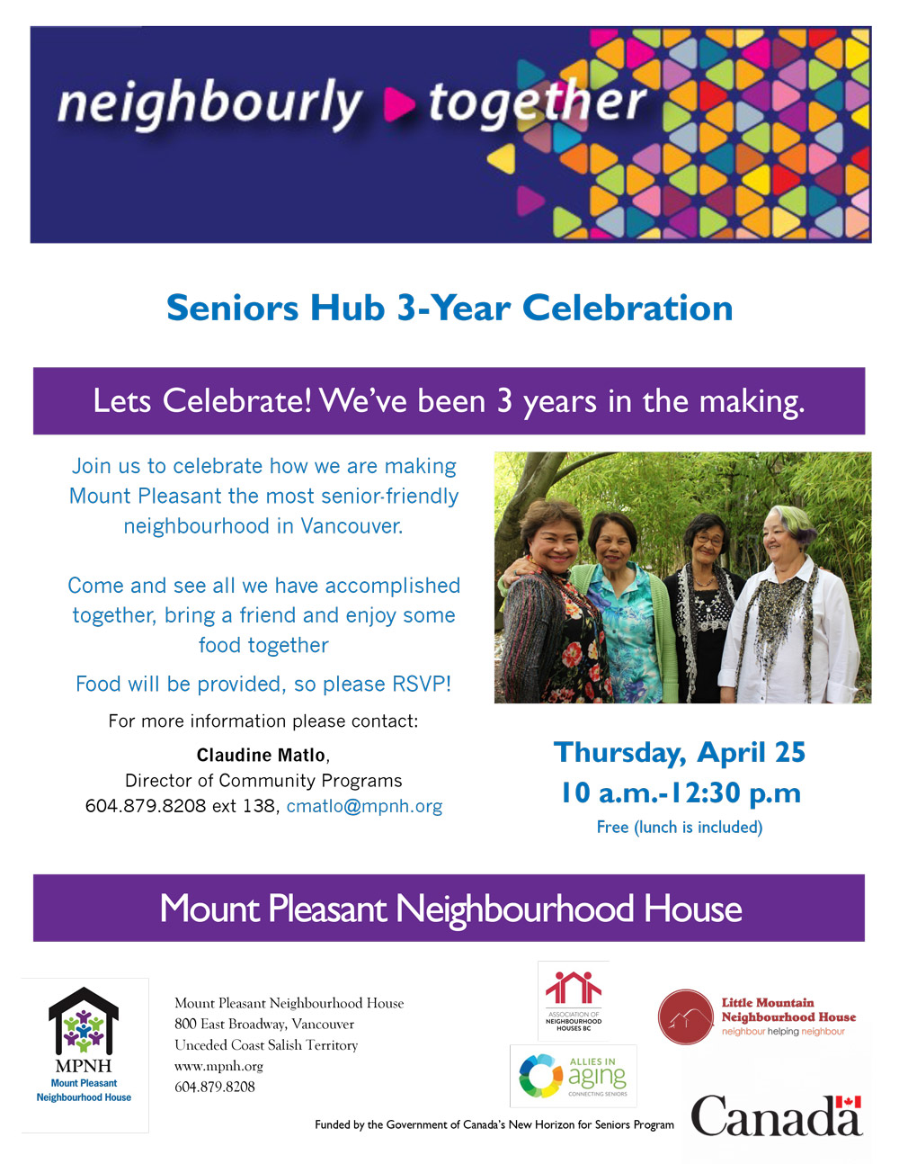 An image of the colourful event poster, with an image of four seniors smiling and socializing together outdoors.