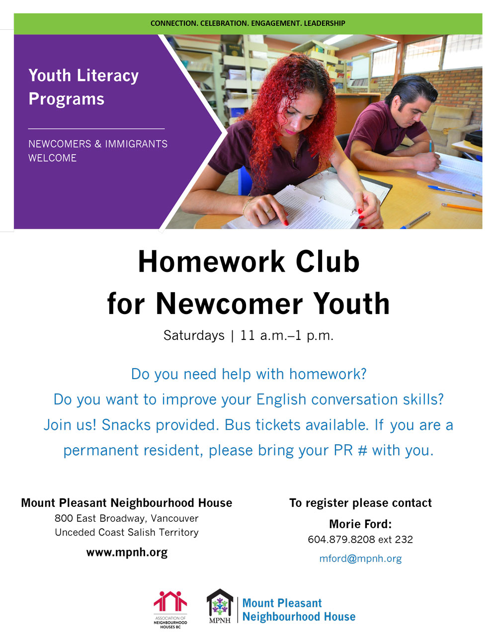 Poster for the homework club for newcomer youth showing a teenage girl studying