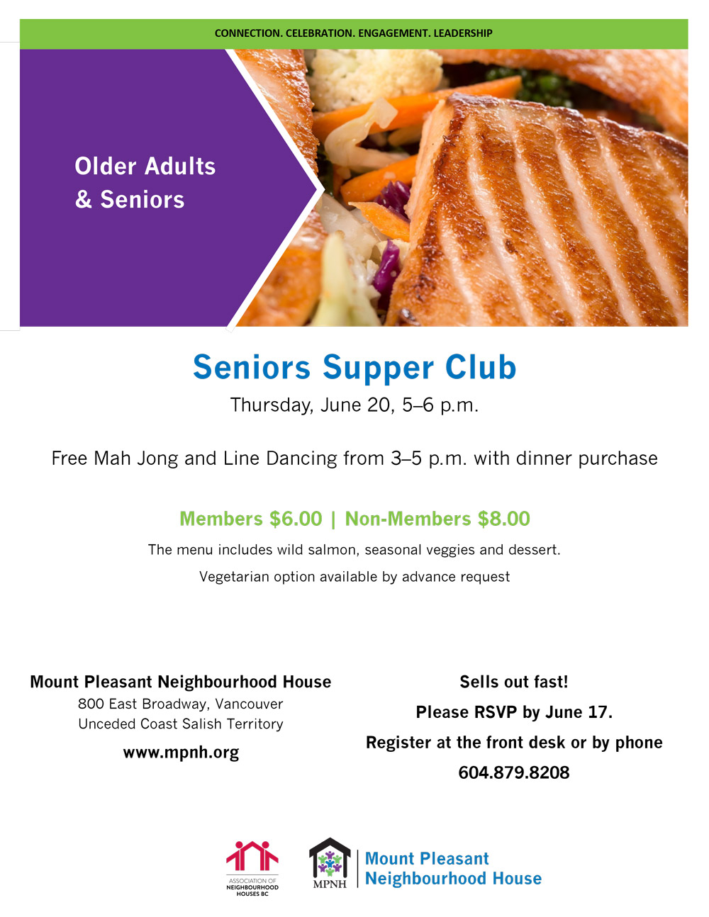 An image of the poster with event details, featuring a picture of grilled salmon and vegetables.
