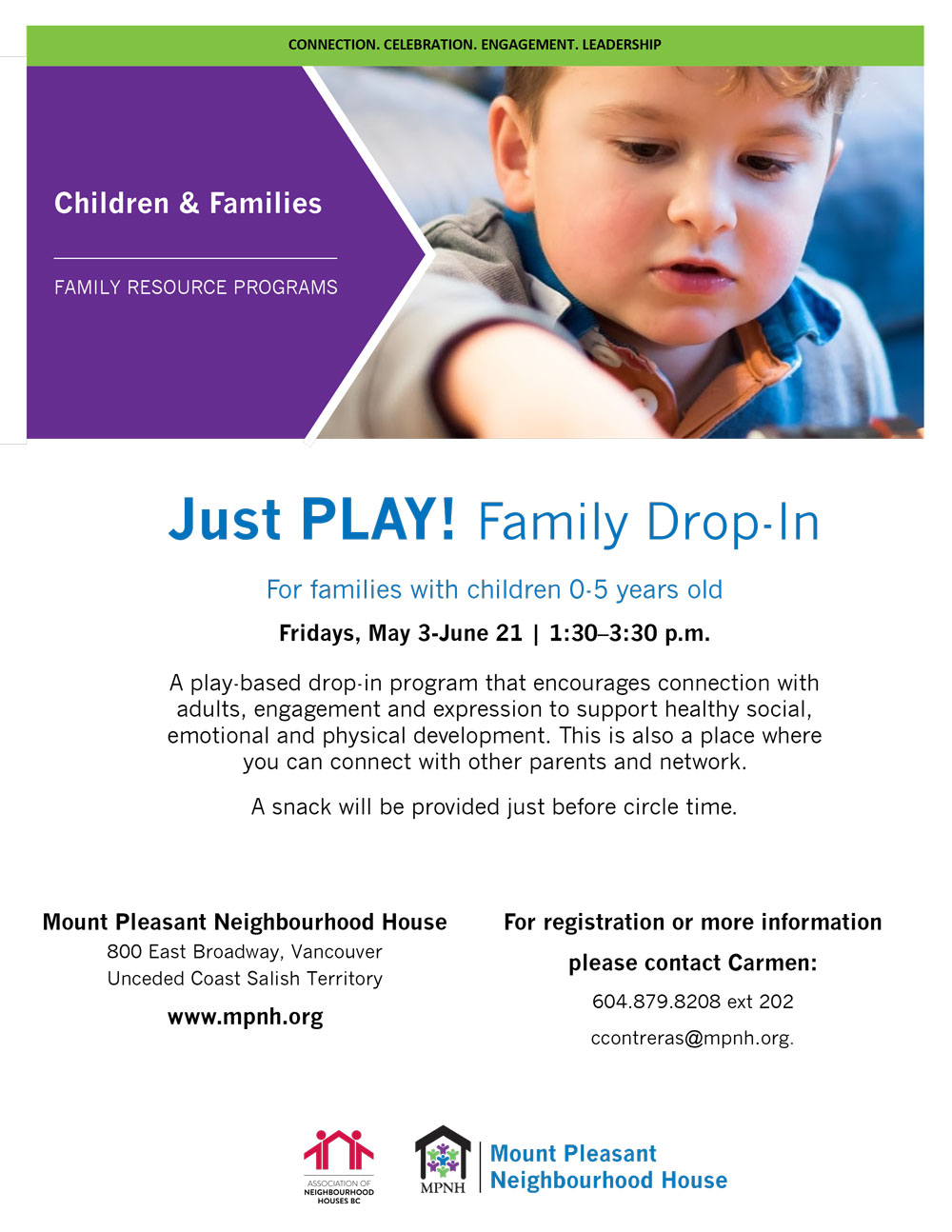 An image of the poster with program details, featuring a child happily playing.