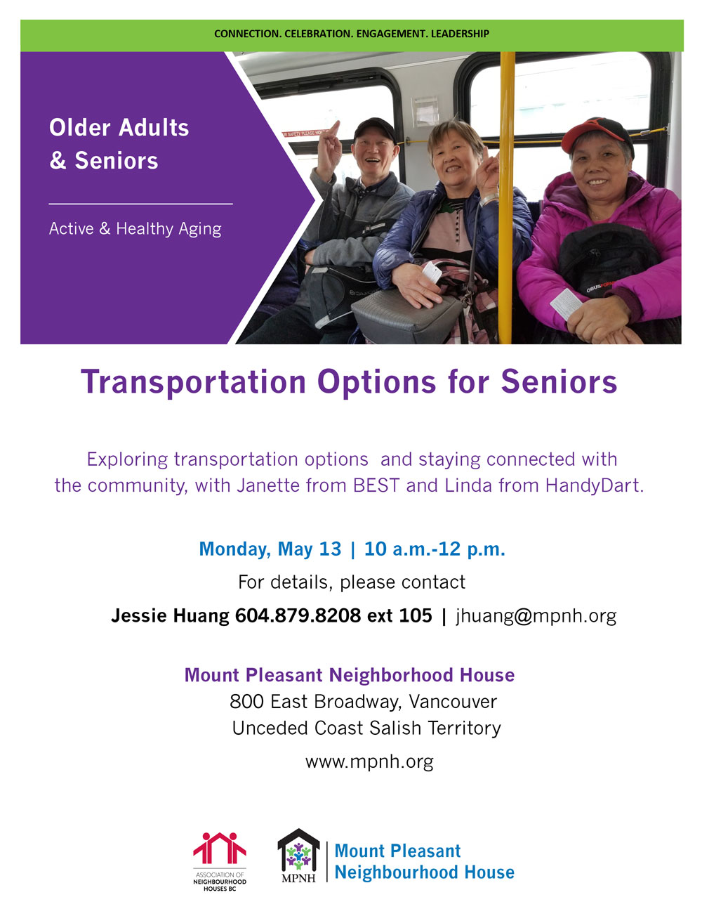 An image of the poster with event details, featuring a photo of seniors riding the bus together and smiling.