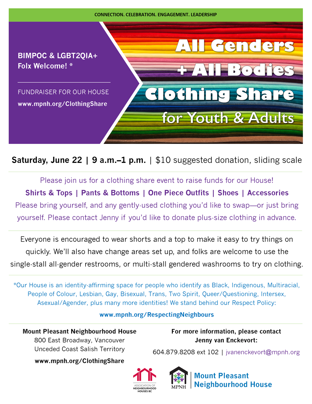An image of the poster with event details, featuring a photo of a stack of folded fabrics in rainbow colours.