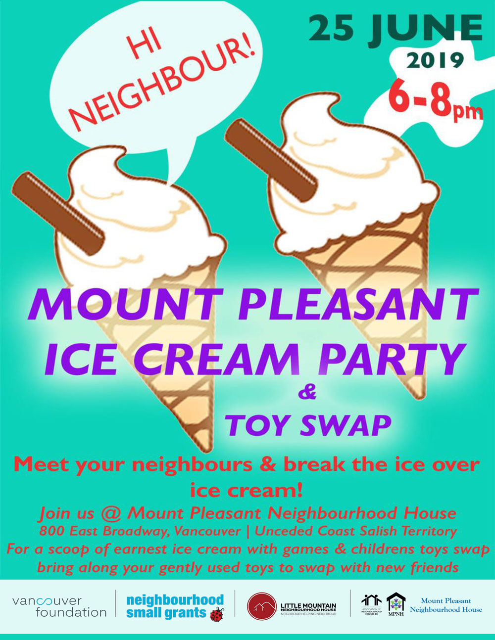 An image of the poster with event details, featuring a graphic of two ice cream cones. One of them has a speech bubble saying "Hi Neighbour!"