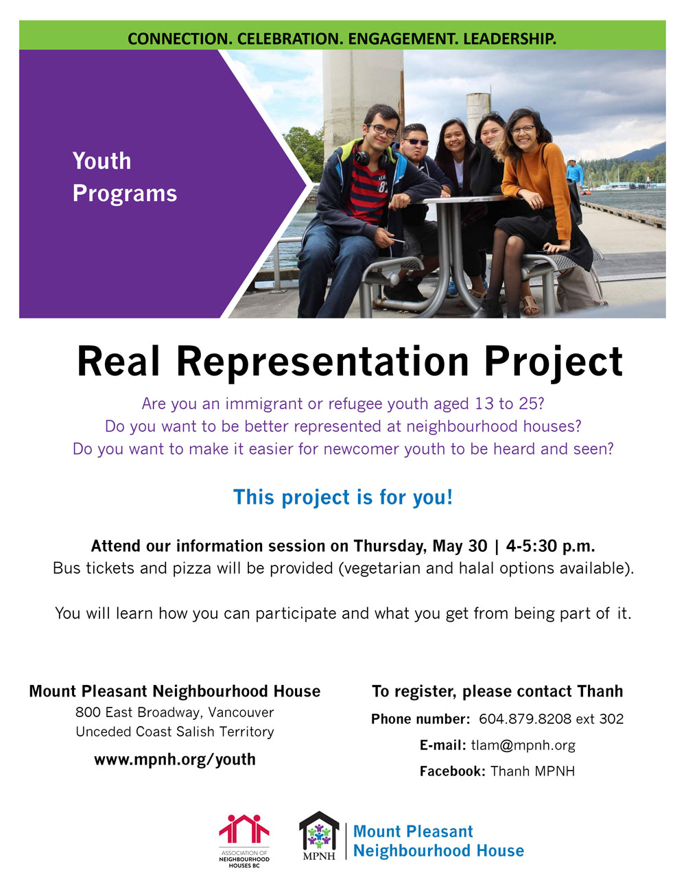 An image of the poster with event details, along with a photo of culturally diverse youth and leaders at an outdoor picnic table.