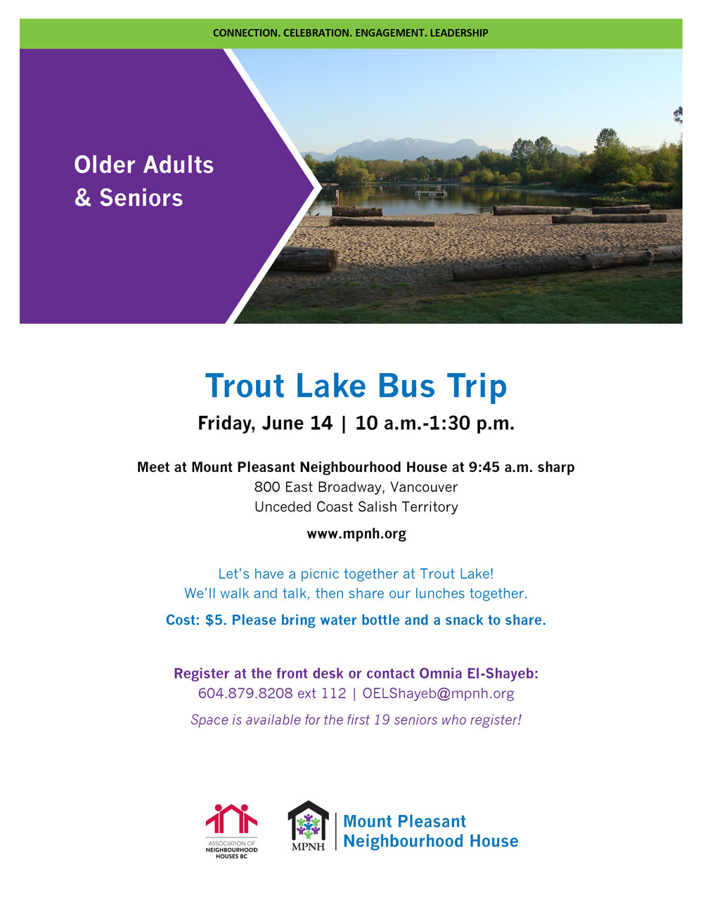 An image of the poster with event details, featuring an image of the beach at Trout Lake, with trees and mountains in the background.