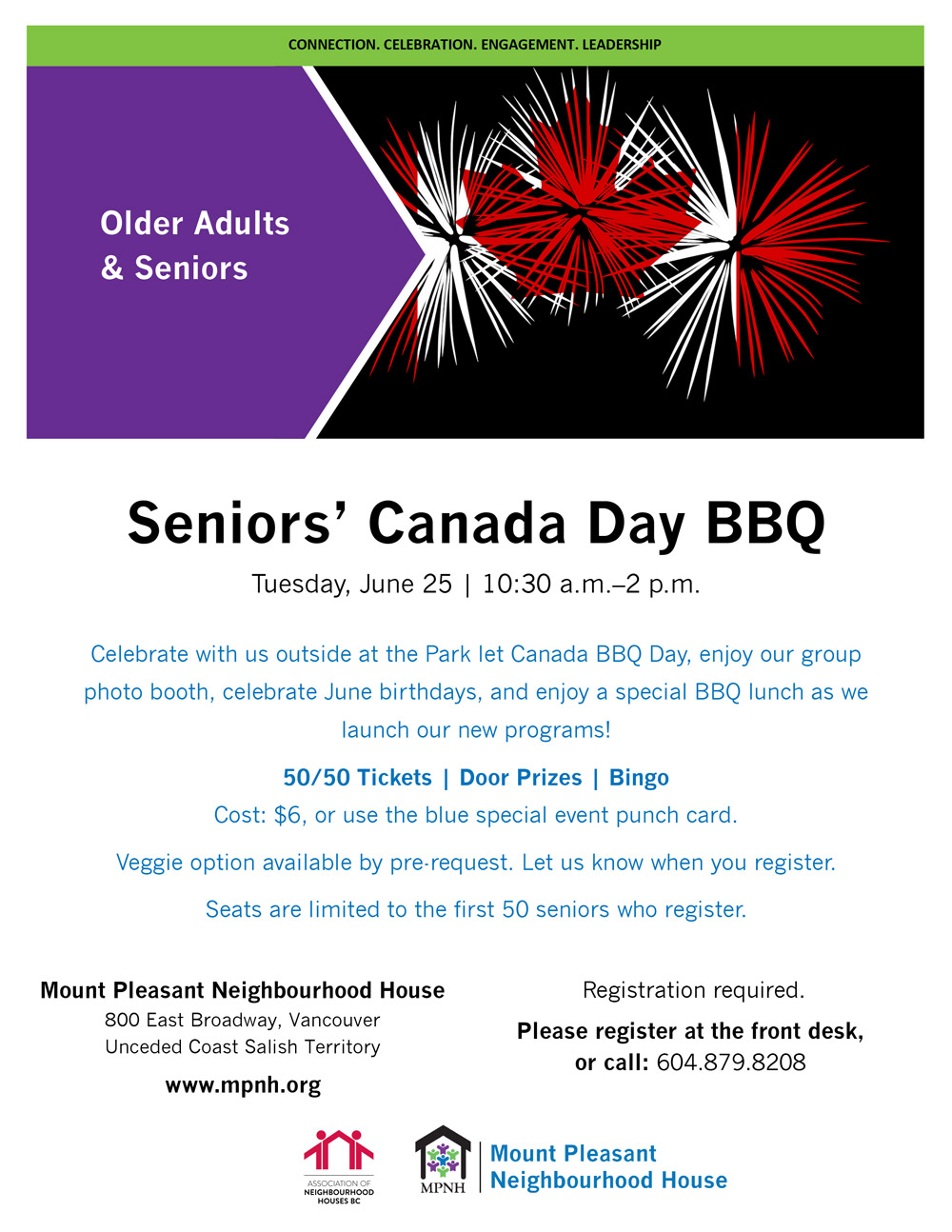 An image of the poster with event details, featuring a graphic of a fireworks display with the colours of the Canadian flag, on a black background.