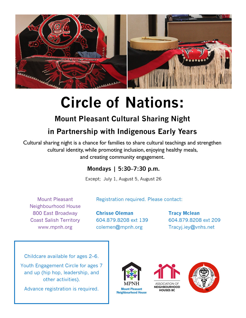 An image of the poster with event details, featuring images of button blankets, a drum, and clothing from different nations.