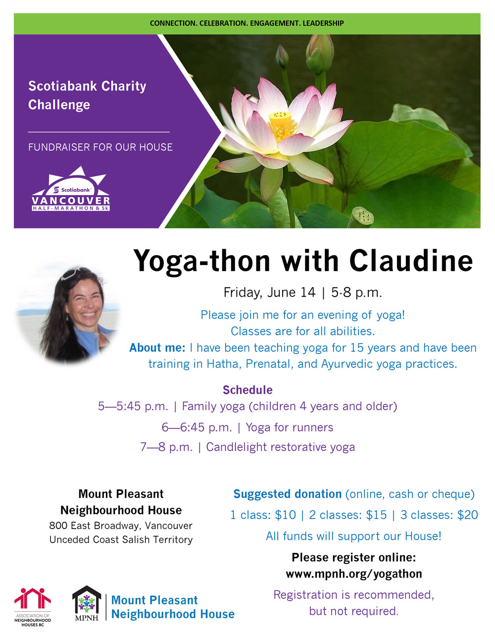 An image of the poster with event details, featuring a picture of a pink lotus surrounded by green leaves, as well as a photo of Claudine on the beach, smiling at the viewer.