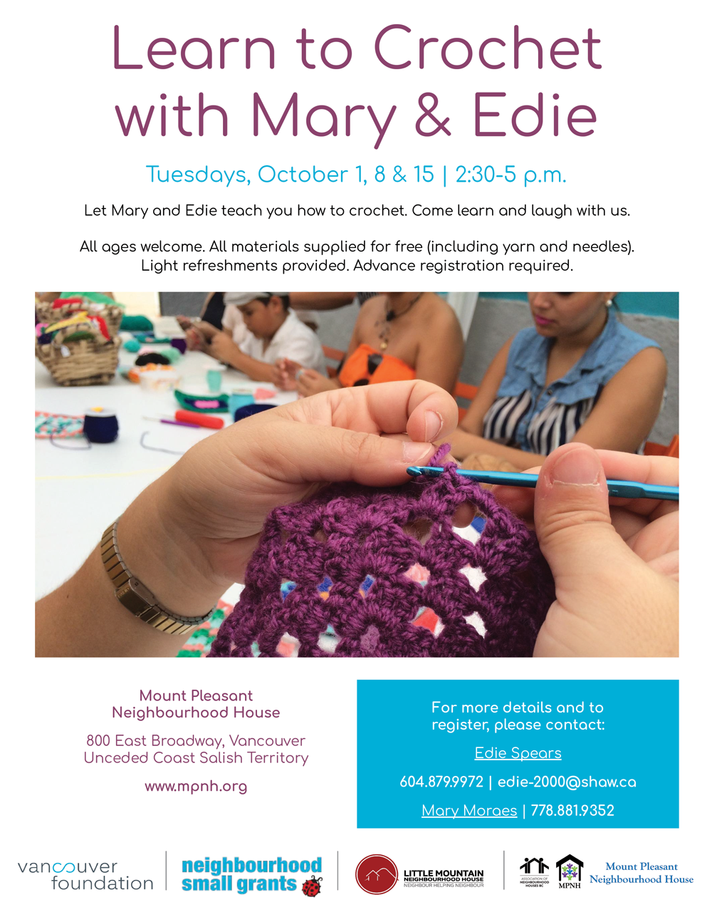 An image of the poster with program details, featuring a photo of a person's hands crocheting a square, with other people crafting in the background.