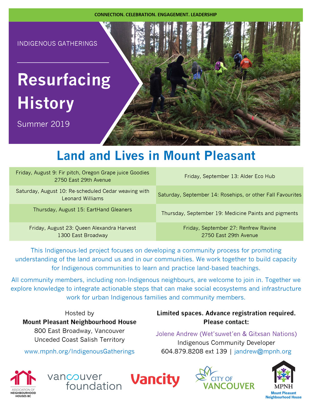 An image of the program poster with event details, featuring a photo of people hiking in the forest, among sword ferns.