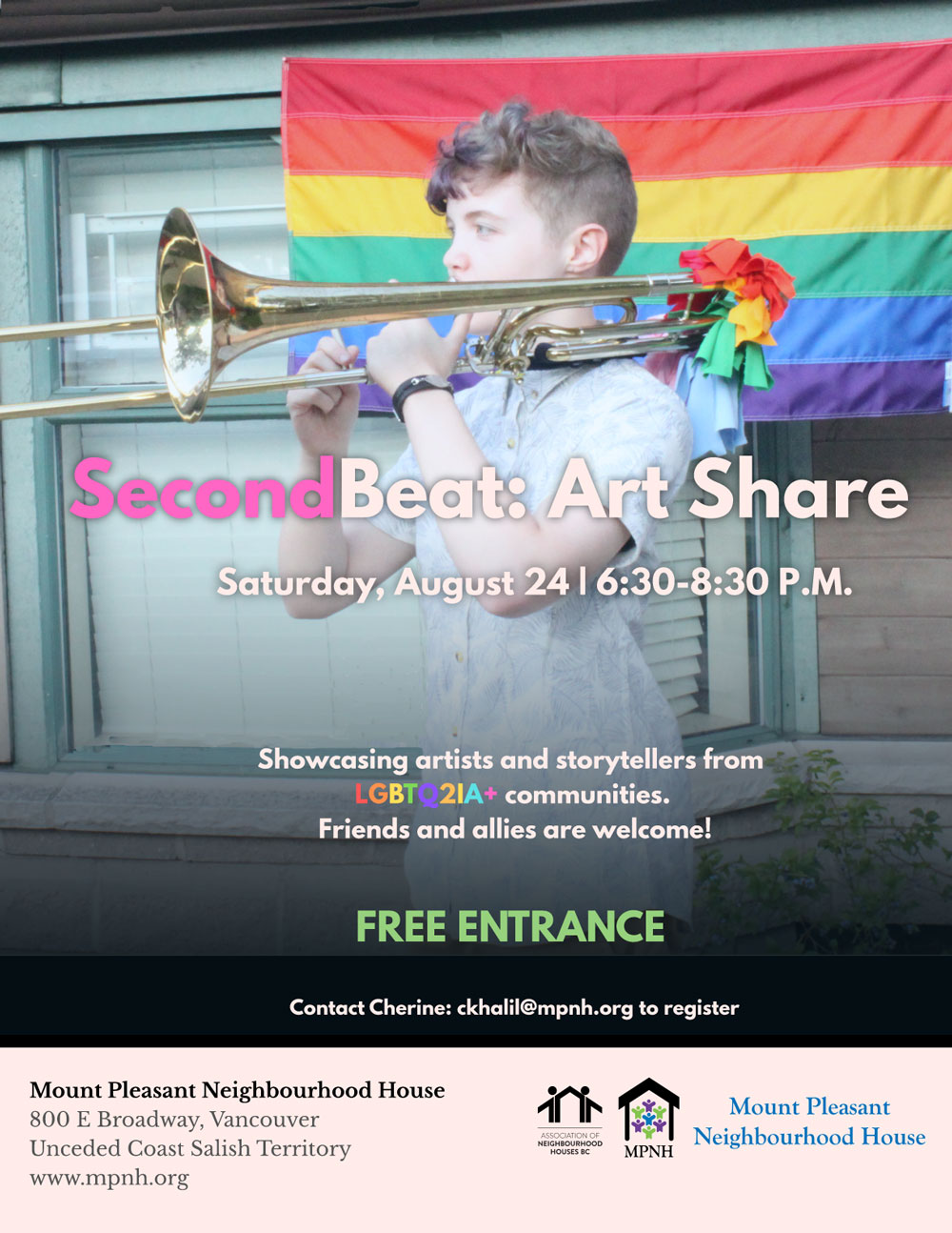 An image of the poster with event details, featuring a young person playing the trombone outdoors, in front of a Pride flag.
