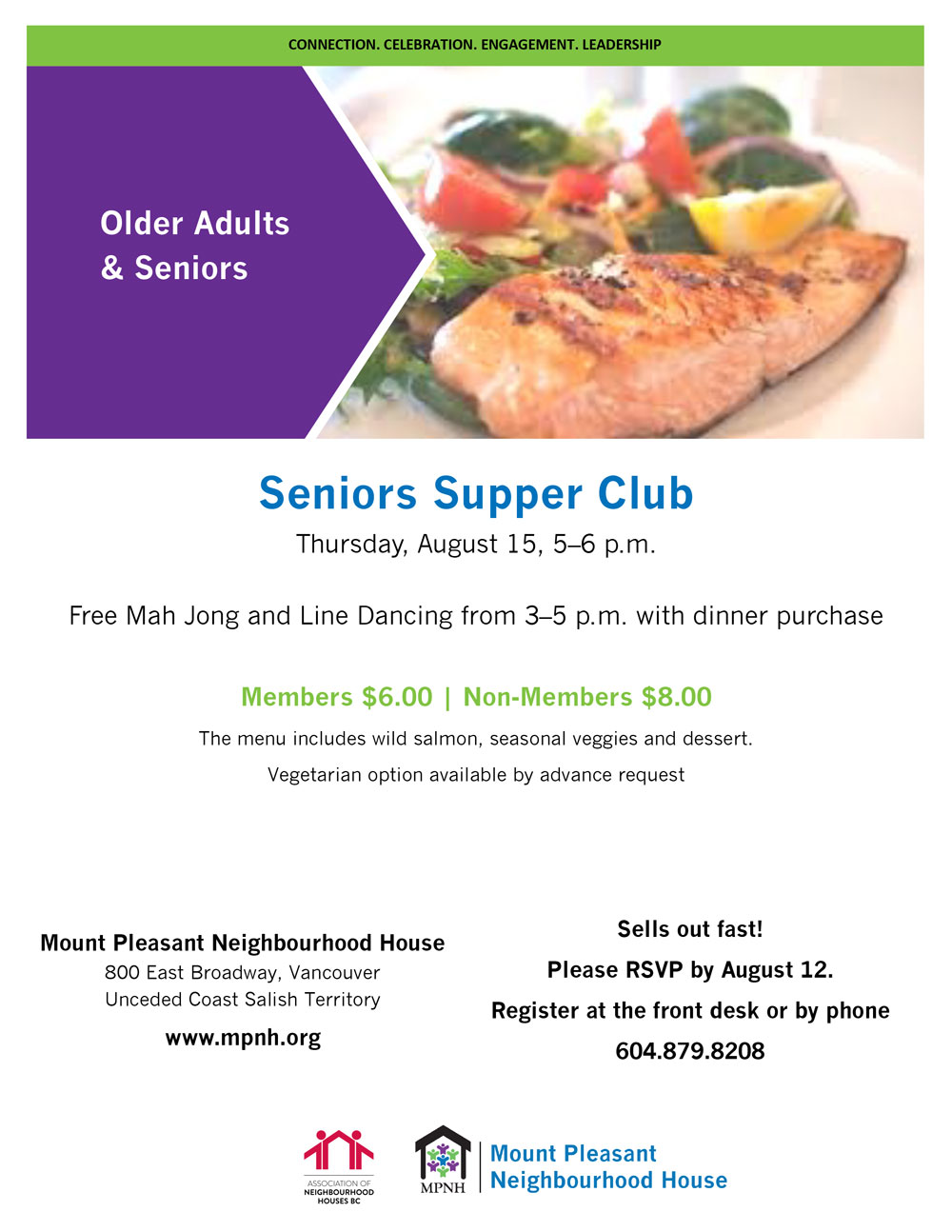 An image of the poster with event details, featuring a meal of grilled salmon and veggies