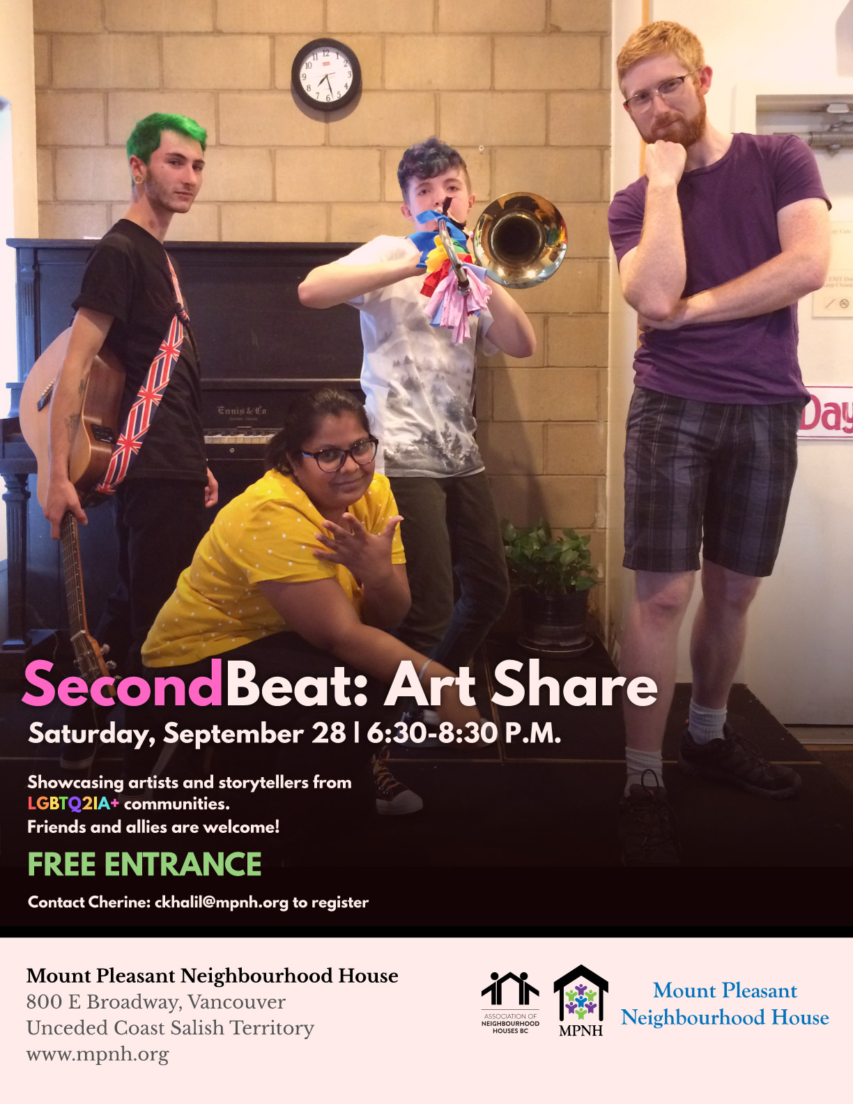 An image of the poster with event details, featuring a photo of four performers posing for a photo, one with a guitar, and one with a trombone