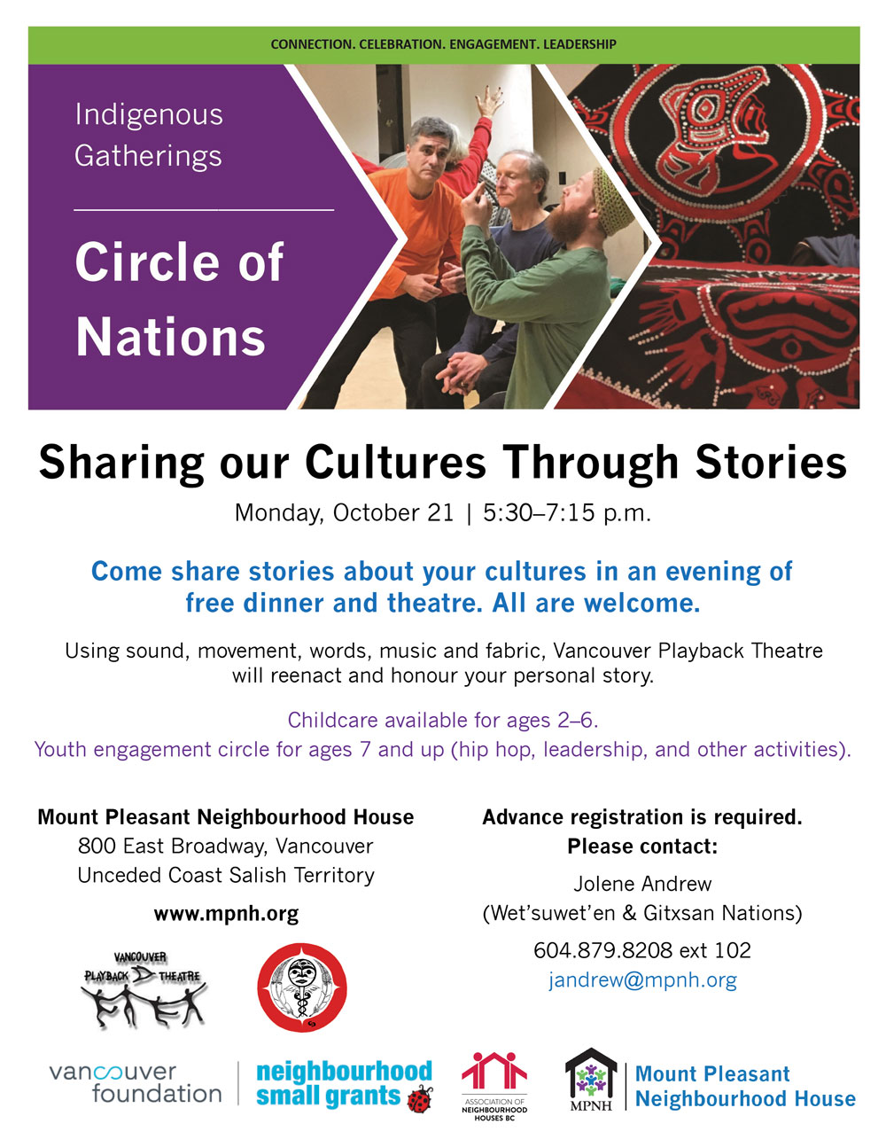 An image of the poster with event details, featuring a photo of people doing a dramatic reenactment, and a photo of Indigenous regalia