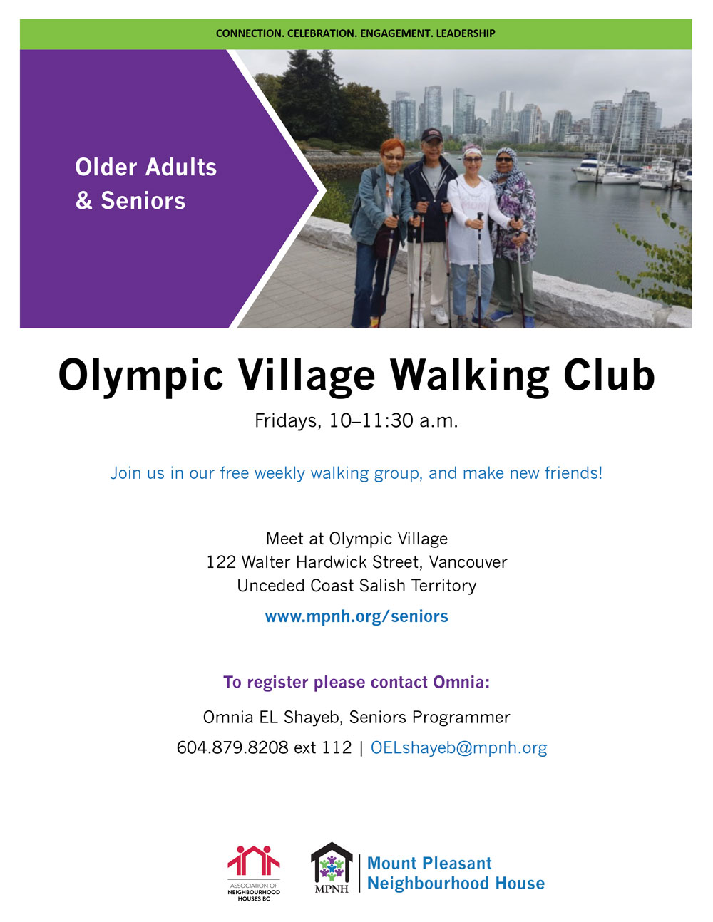 An image of the poster with program details, featuring a photo of four seniors walking together along the False Creek seawall at Olympic Village
