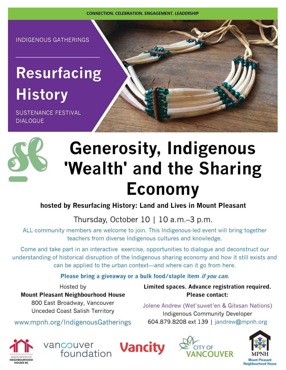 An image of the poster with event details, featuring a powwow regalia necklace made of dentalia shells (a form of Indigenous currency)