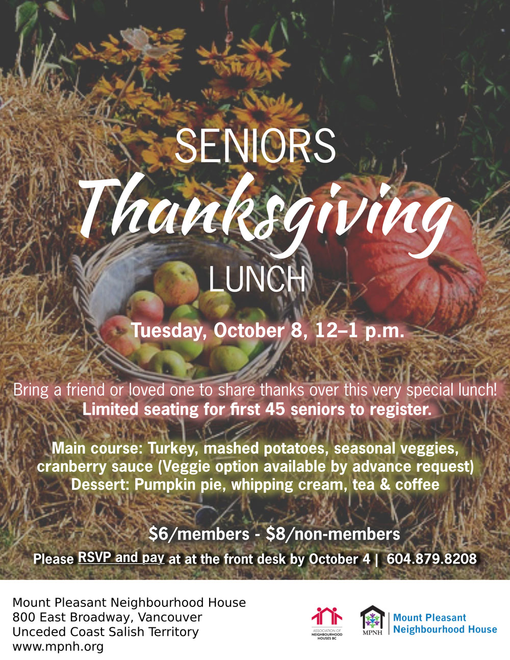An image of the event poster, featuring a background photo of bales of hay, sunflowers, a basket of apples, and two gourds