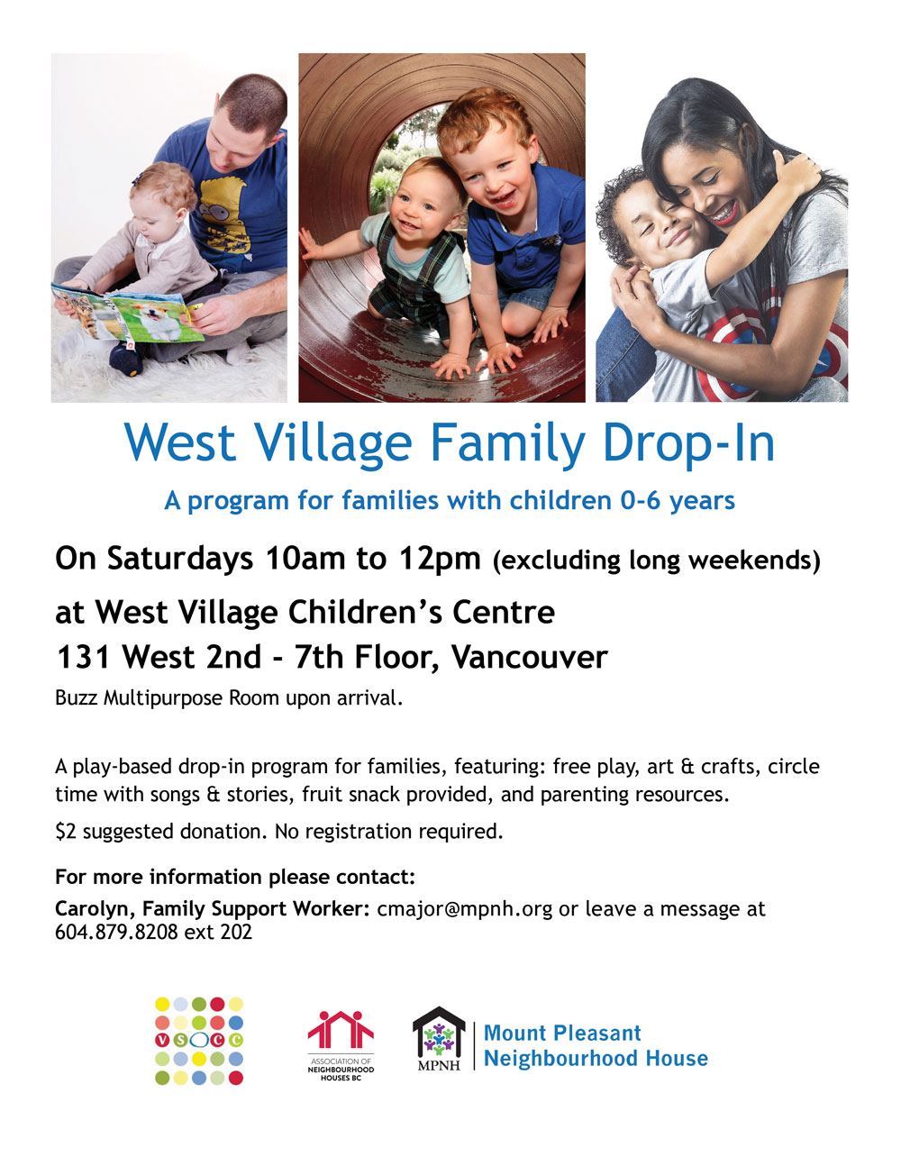 An image of the poster with program details, featuring photos of adults and young children reading and playing together.
