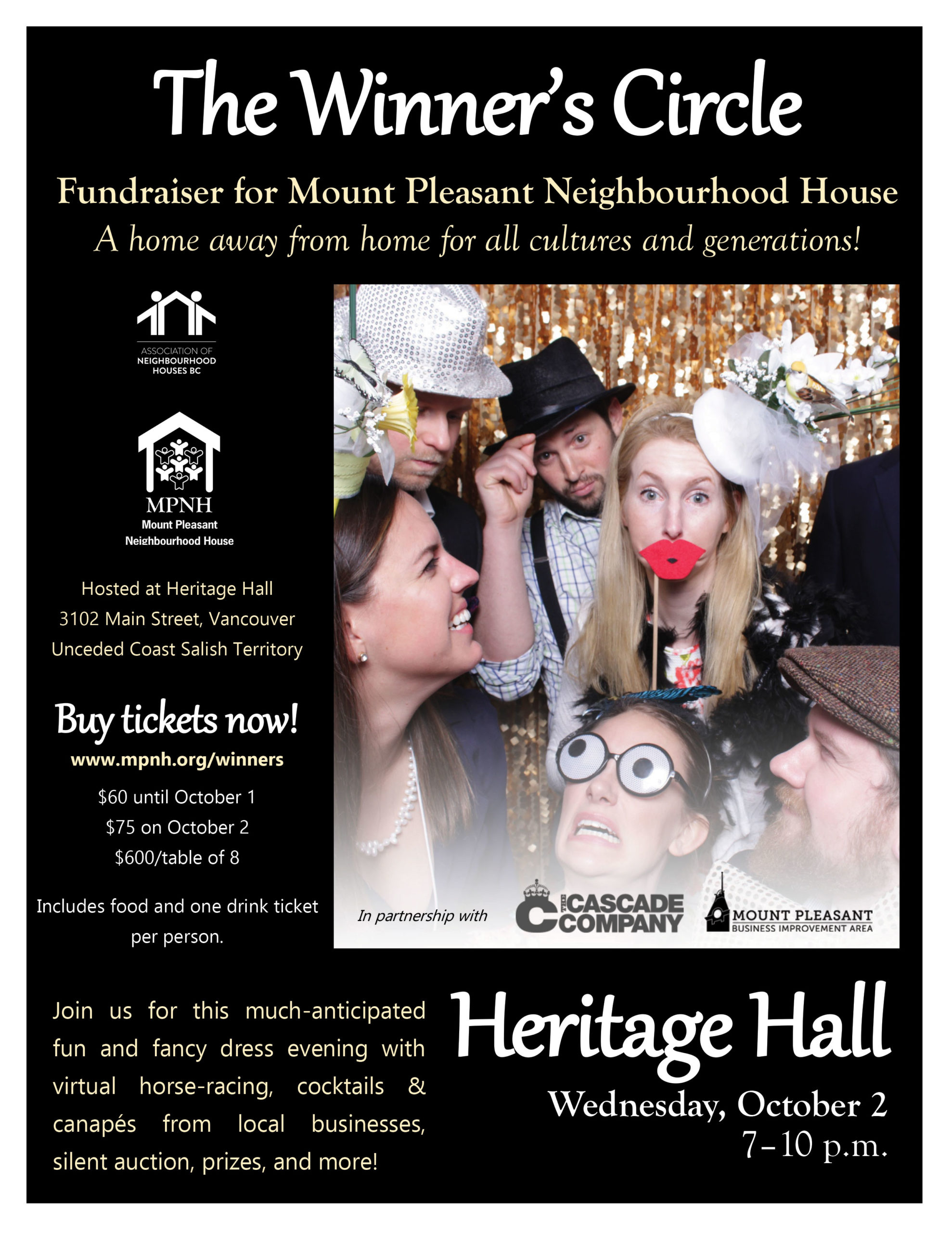 An image of the poster with event details, featuring a photo of a group of friends posing in the photo booth in front of a gold sequin backdrop