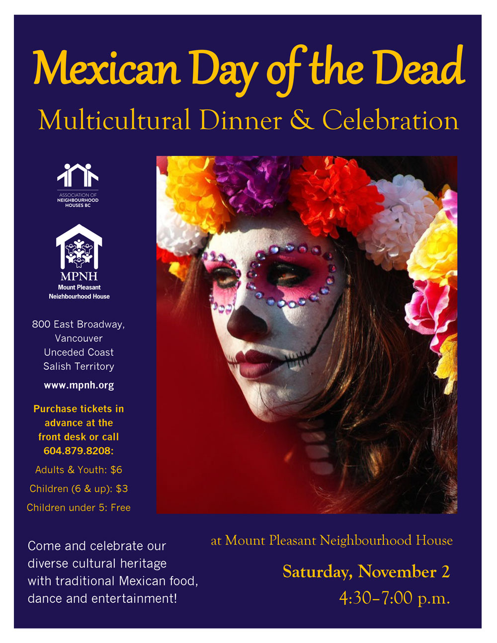 An image of the poster with event details, featuring a photo of a woman's face painted like a skeleton, with jewels around her eyes and brightly coloured flowers in her hair.