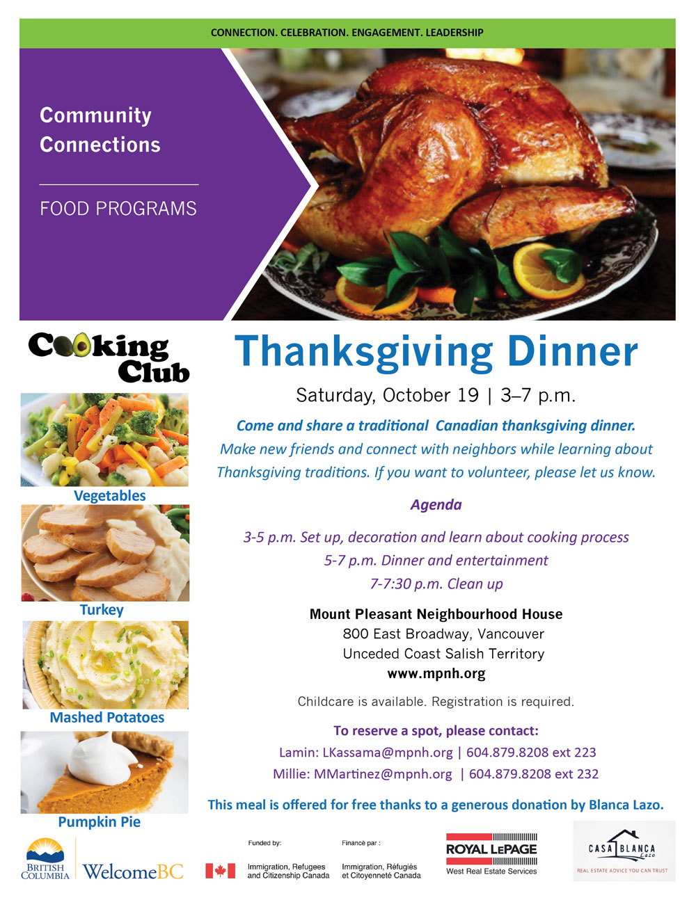 An image of the poster with event details, featuring a photo of menu items: vegetables, mashed potatoes, turkey and pumpkin pie