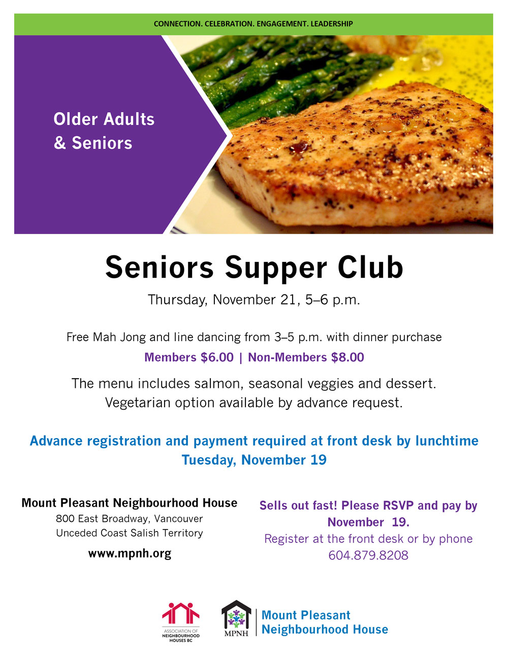An image of the poster with event details, featuring a photo of grilled wild salmon with asparagus.