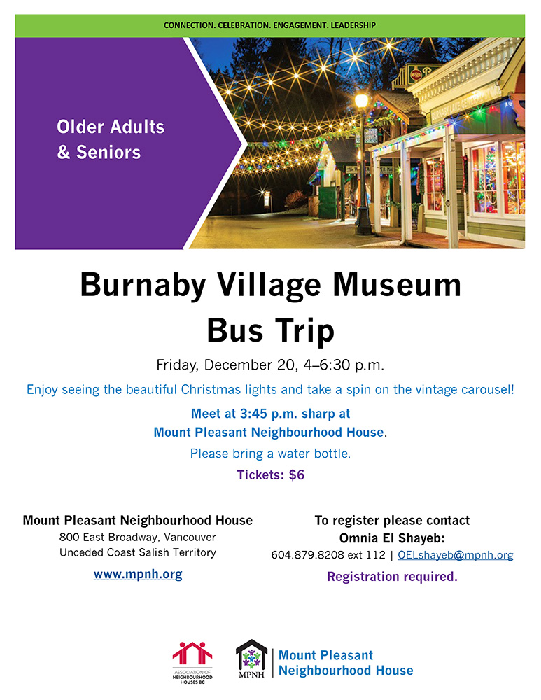 Poster for the Burnaby Village Museum Bus Trip showing the village Christmas lights