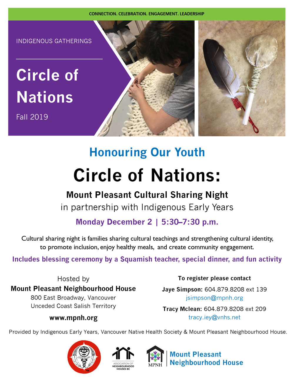 An image of the poster with event details, featuring photos of a young person weaving yarn, a ceremonial feather and a rattle