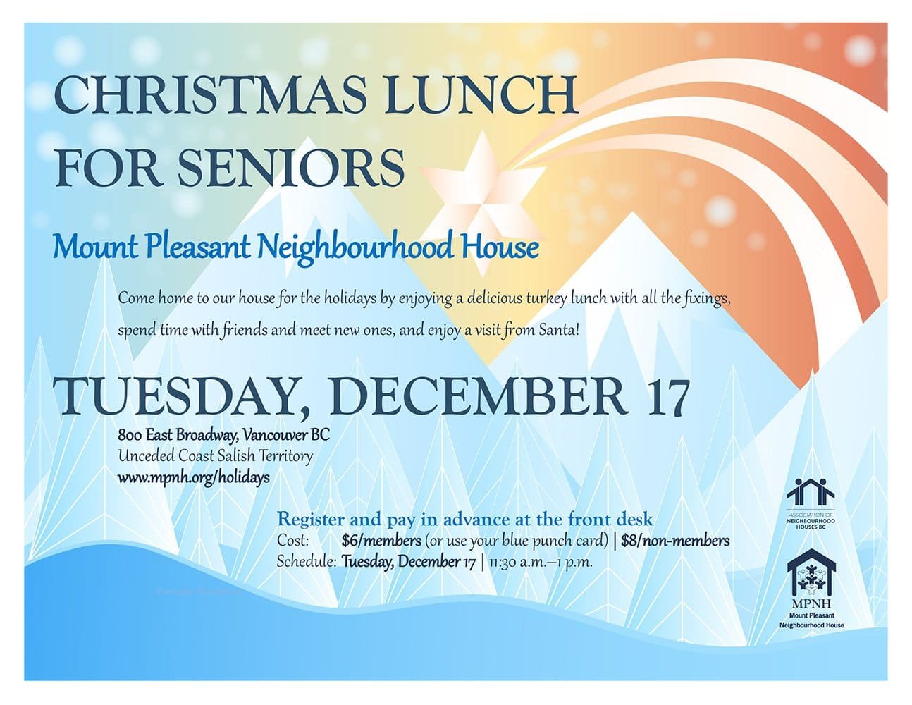 Poster for the Seniors Christmas Lunch showing colourful skies over wintry snowy mountains