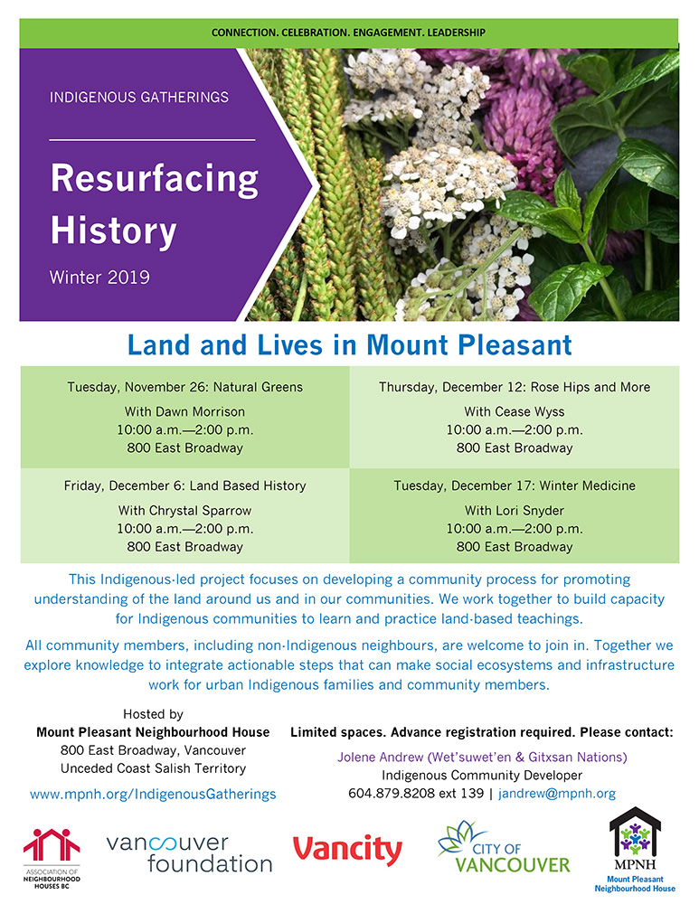 Poster for the Resurfacing History Project Winter 2019 showing indigenous plants