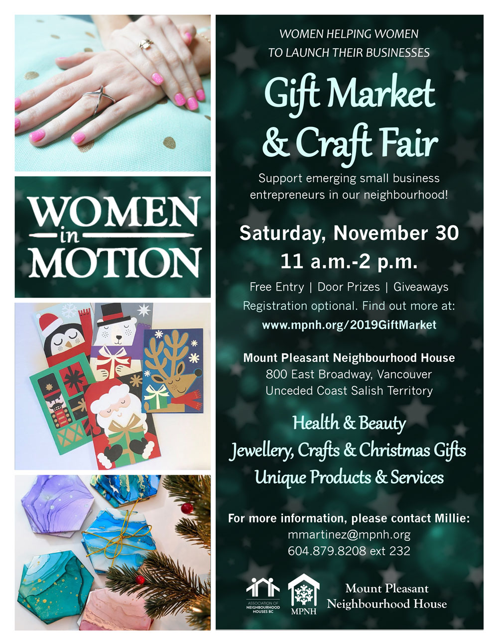 An image of the poster with event details, featuring photos of unique gifts and services.