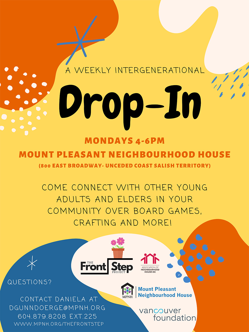 Poster for the Intergenerational Drop-In full of bright yellow, orange, and blue