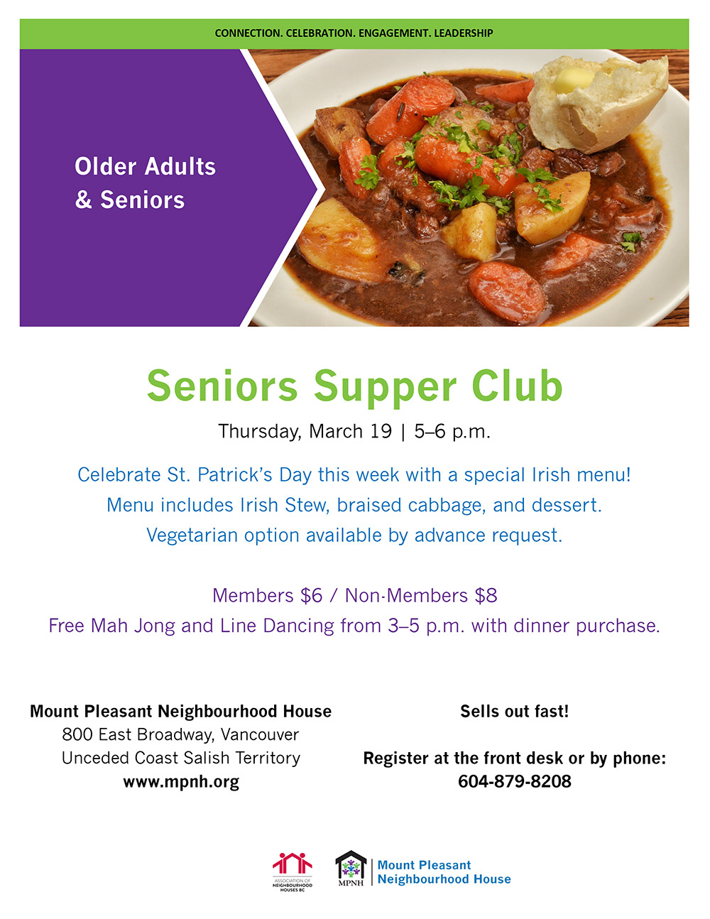 Poster for special St. Patrick's Day Seniors Supper Club showing Irish Stew
