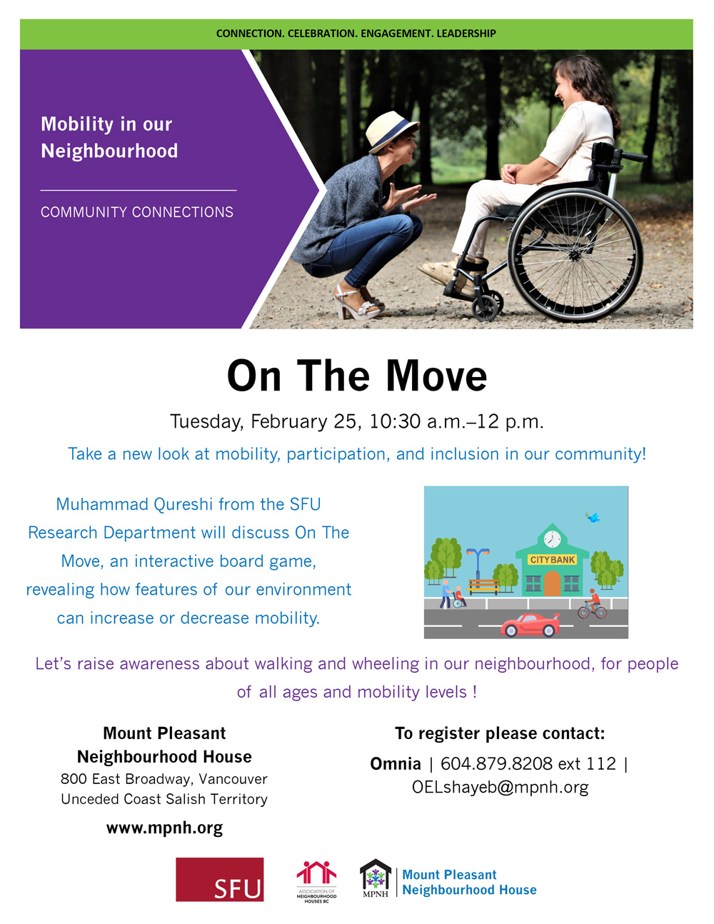 Poster for On The Move, showing a woman using a wheelchair and chatting to a friend