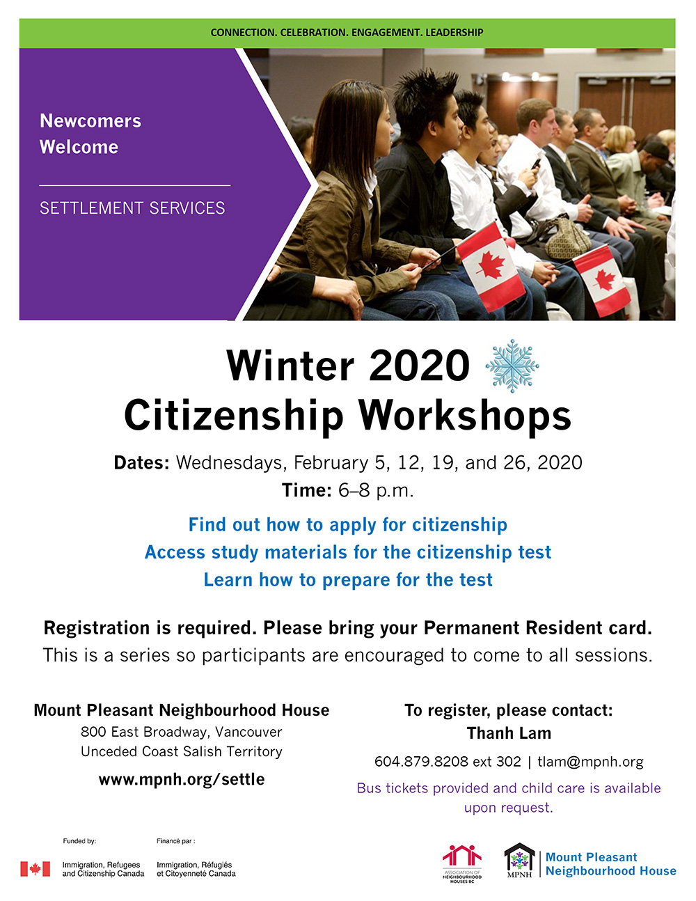 Poster for the Winter 2020 Citizenship Workshops showing a group of new Canadians holding flags