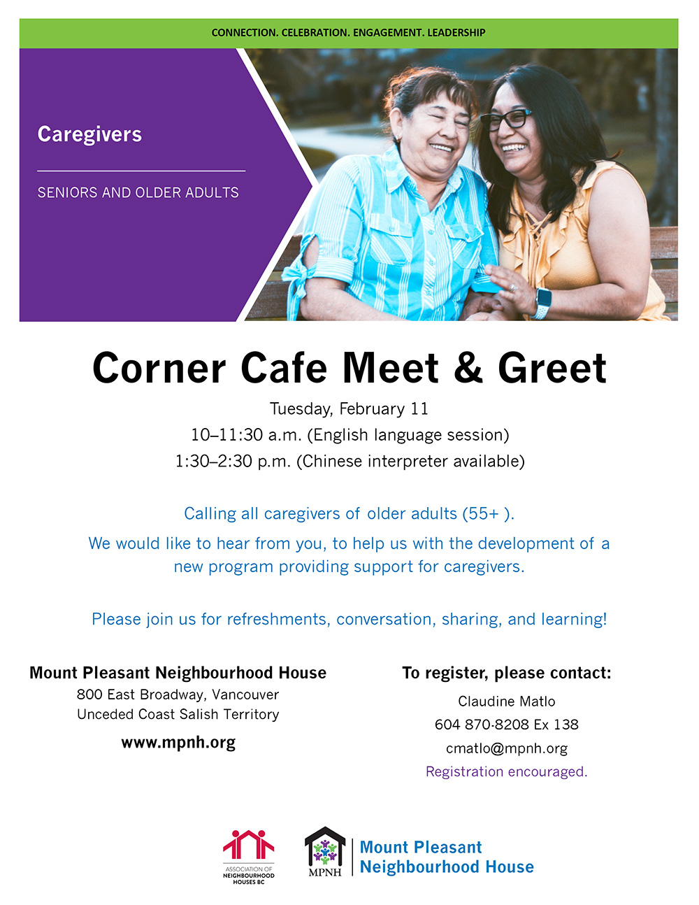 Poster for the Corner Cafe Meet & Greet showing two women smiling together