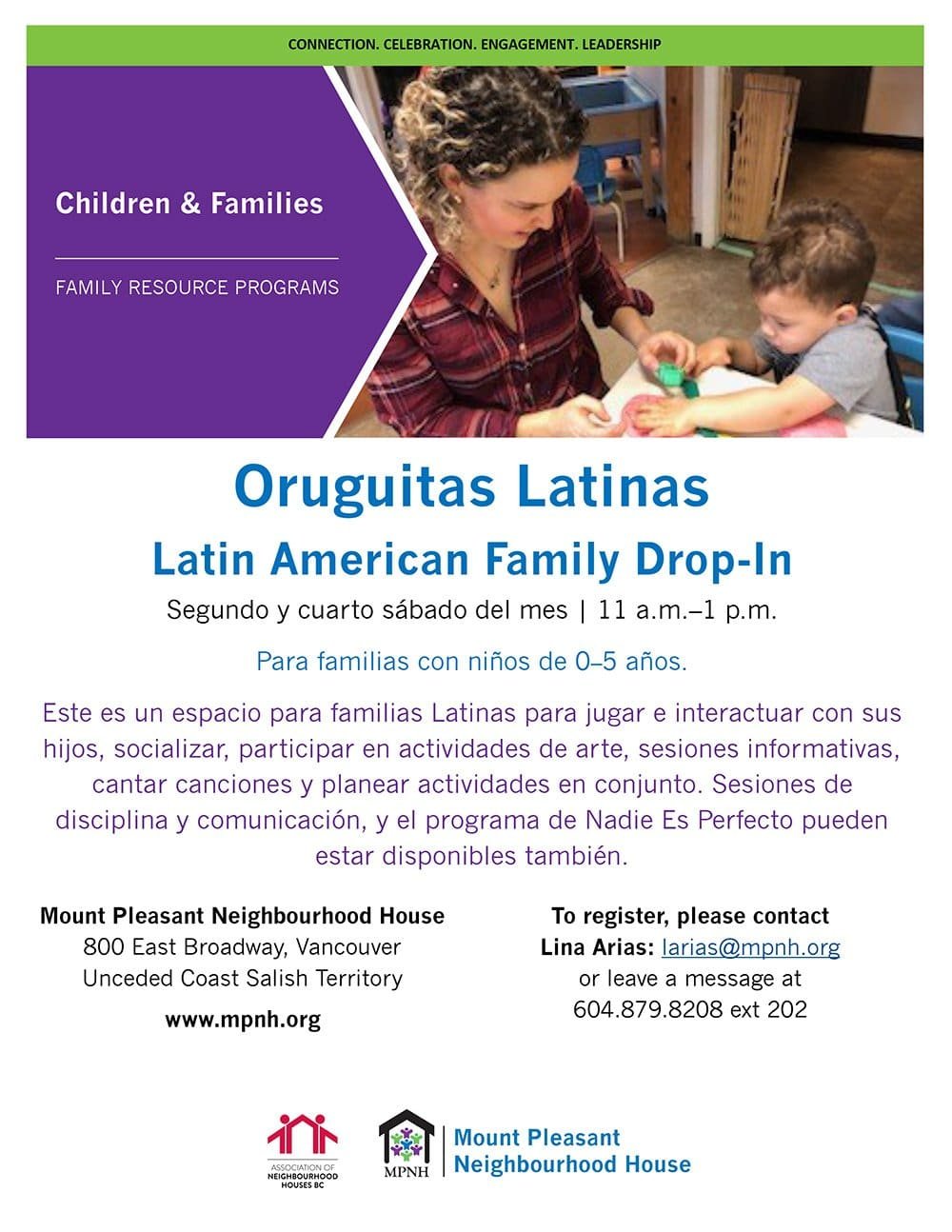 Poster for the Orugitas Latinas Latin American Family Drop-In program showing a woman working on an art project with a young child.