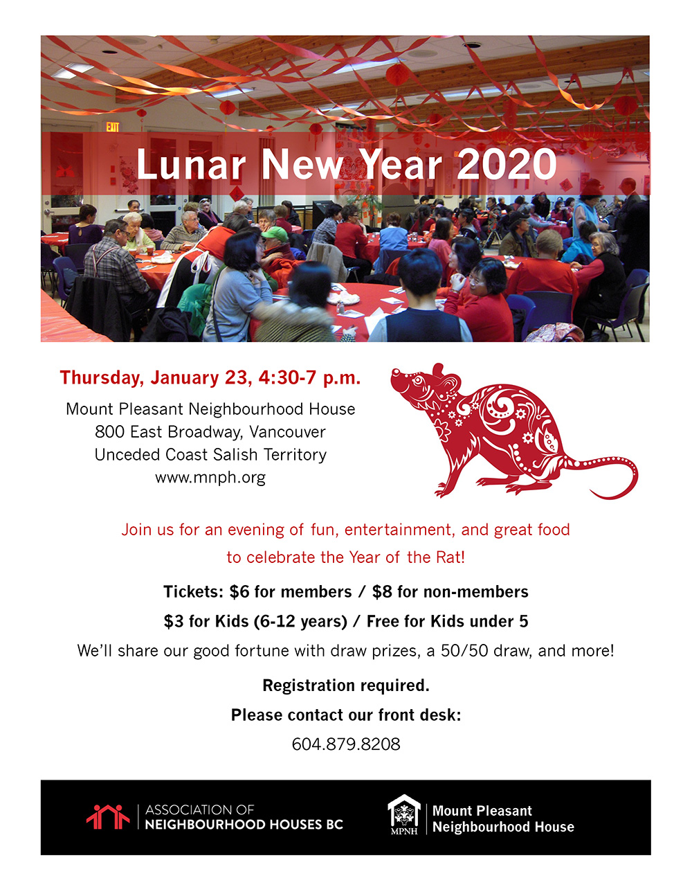 Poster for the Lunar New Year 2020 celebration showing people enjoying dinner surrounded by red decorations
