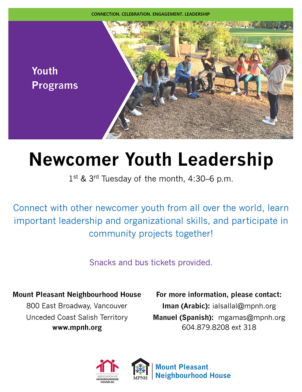 The poster for the Newcomer Youth Leadership Program showing a group of youth at a campsite