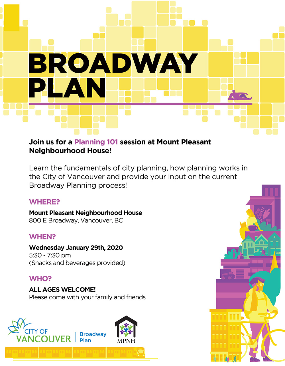 A poster for the Broadway Plan: Planning 101 session showing bright yellow and purple building blocks of community