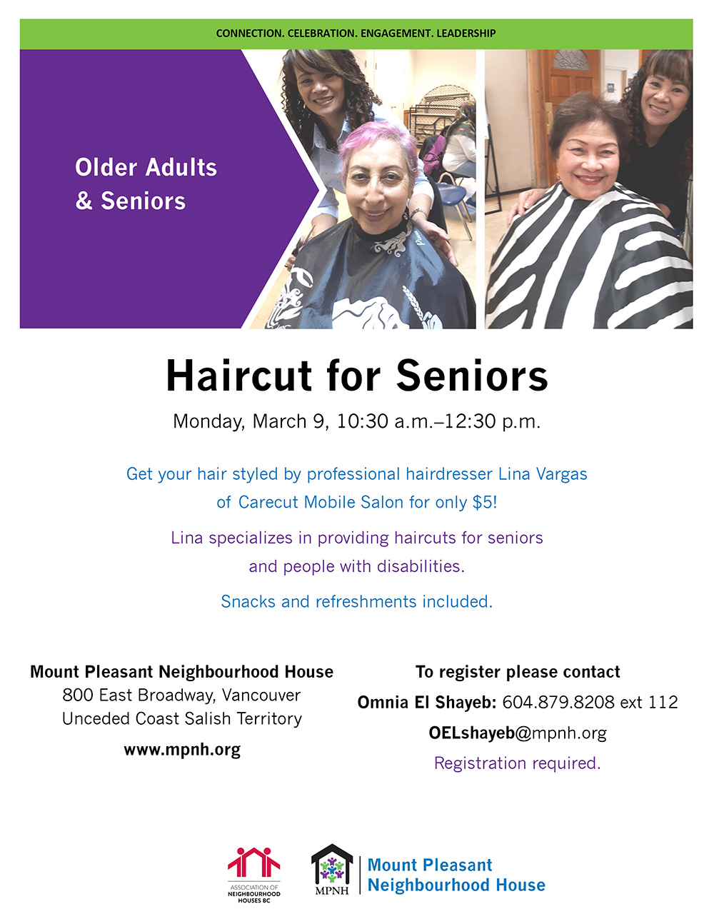 Poster for haircut for seniors showing two smiling senior ladies happy with their new haircuts