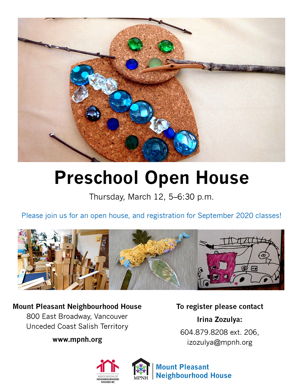 Poster for preschool open house event showing art created by children