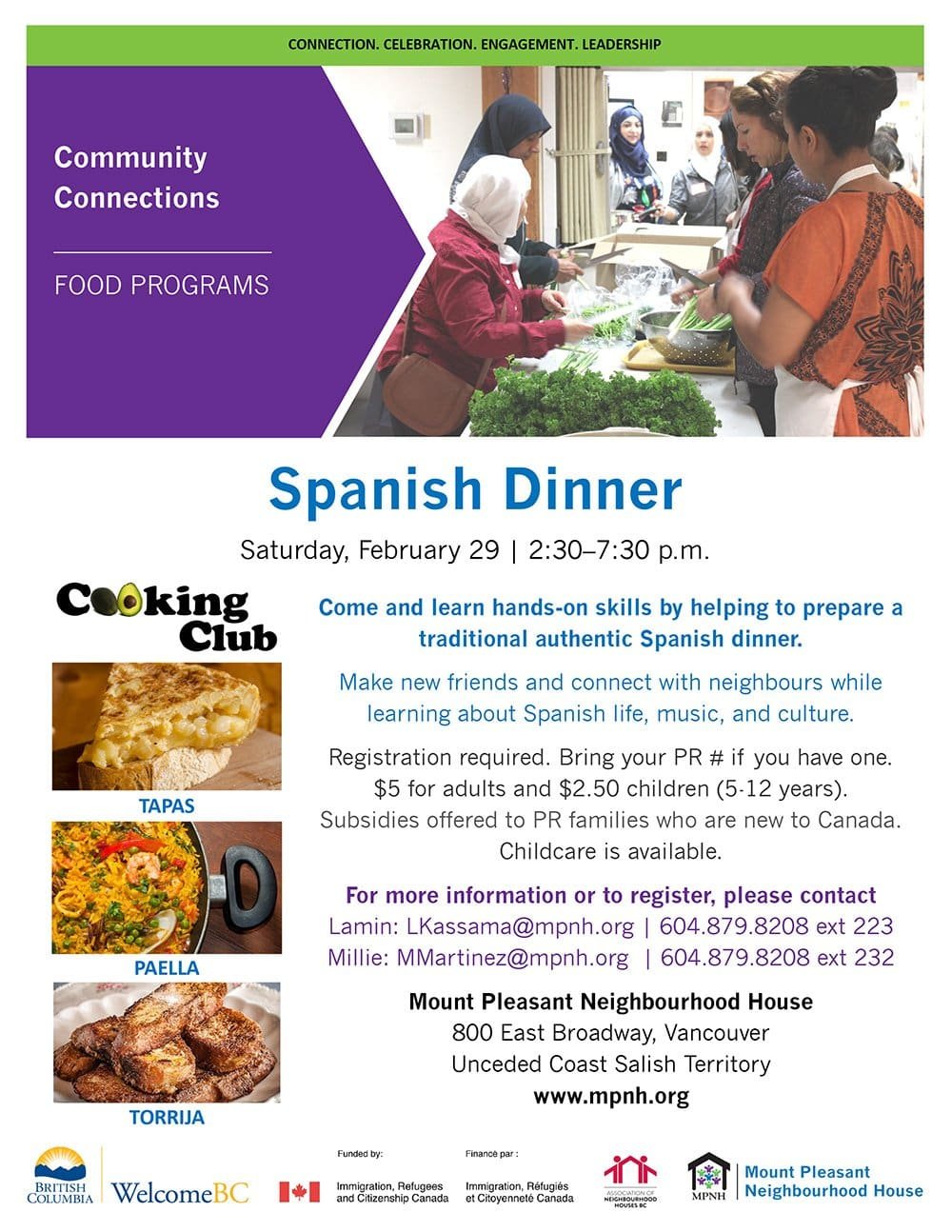 Poster for the Spanish dinner showing people cooking together and lots of Spanish dishes