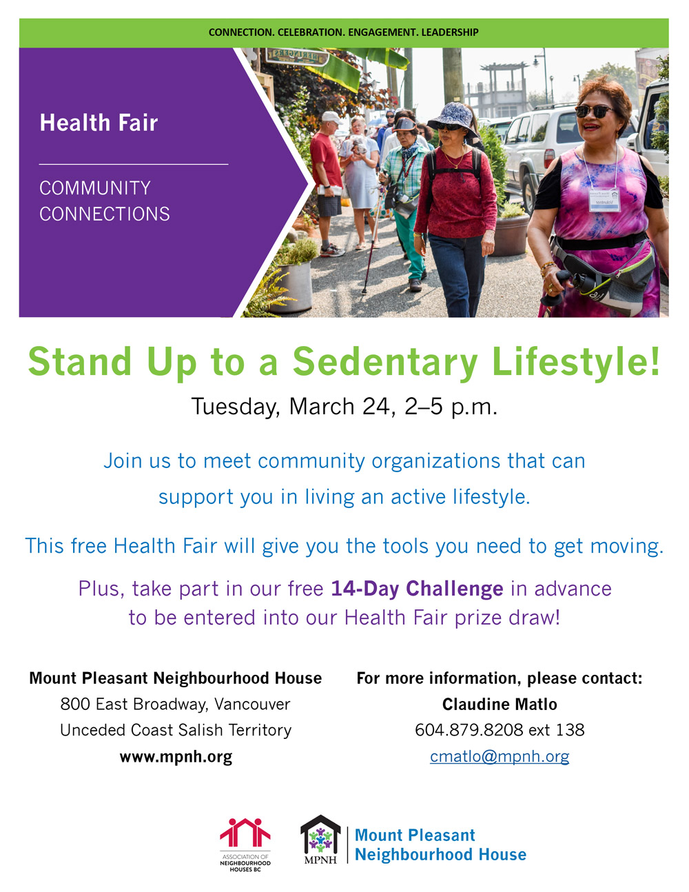 Poster for the Health Fair showing senior women smiling taking an active walk
