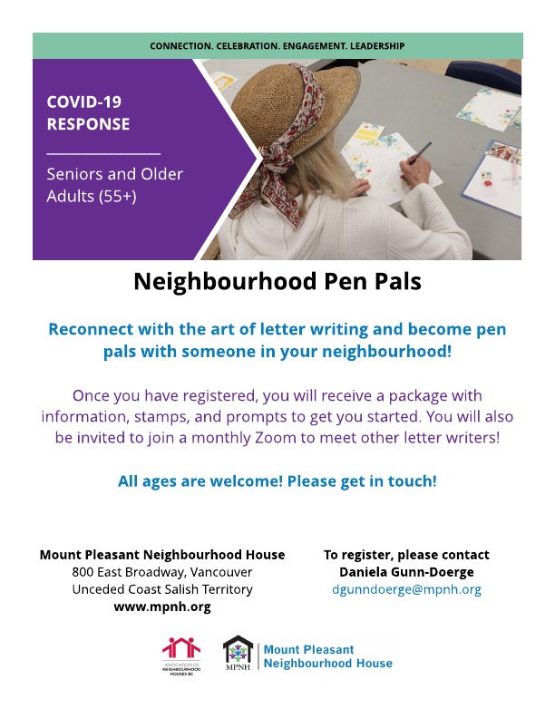 Poster for the Neighbourhood Pen Pals program showing seniors happily writing letters