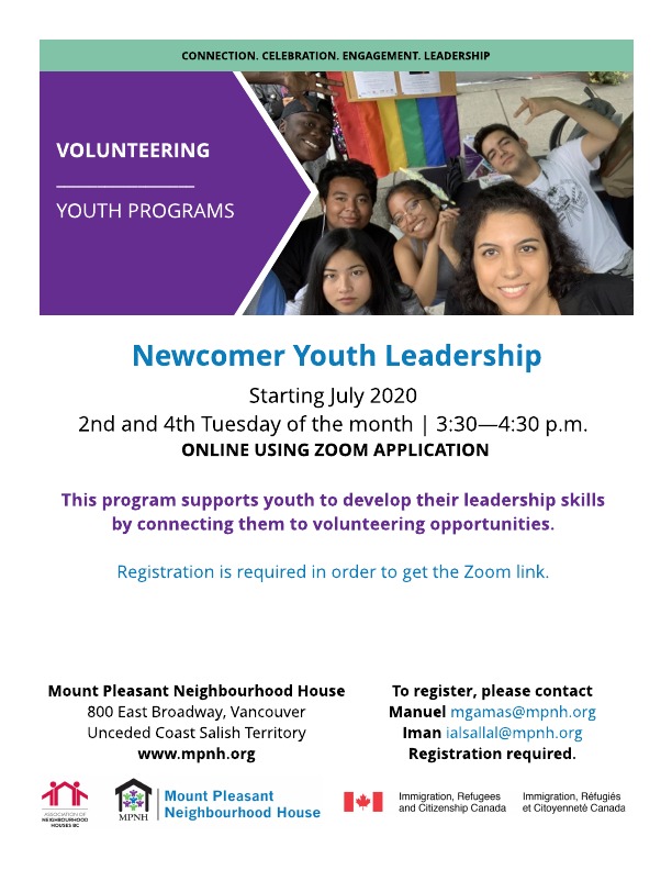 Poster for the Newcomer Youth Leadership program showing a youth group looking happy
